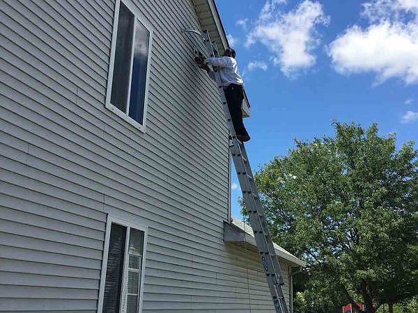 A person on a ladder climbing up a house for pest-proofing in Chicago