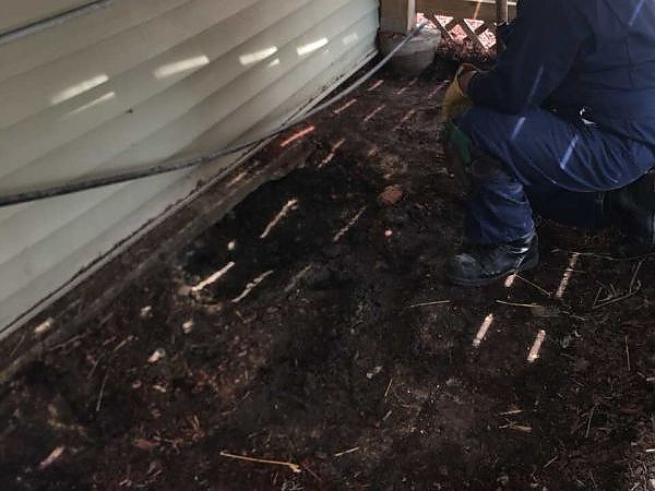 A person kneeling on the ground during pest control in Oswego